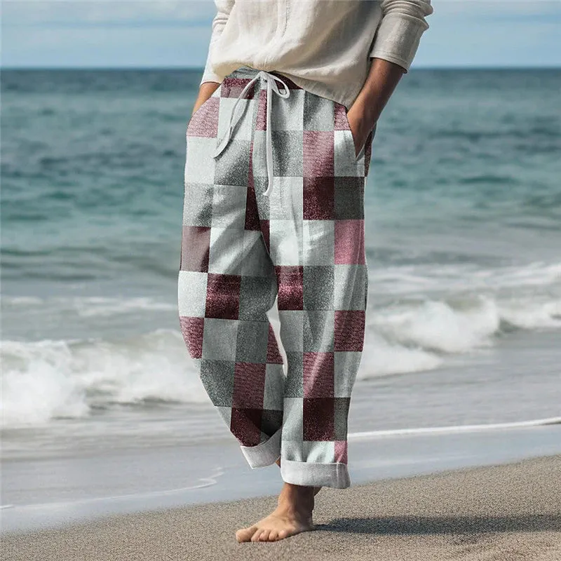 3D Print Color Block Plaid Linen Blend Men's Casual Pants - Lightweight Summer Wear