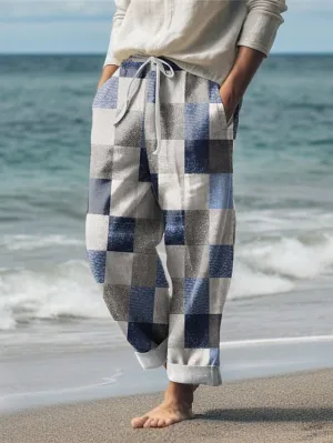 3D Print Color Block Plaid Linen Blend Men's Casual Pants - Lightweight Summer Wear