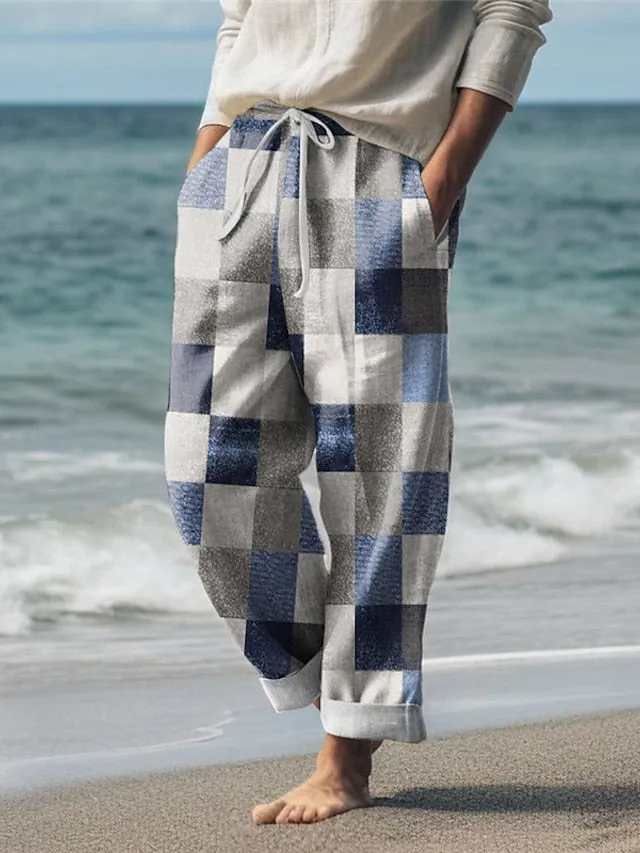 3D Print Color Block Plaid Linen Blend Men's Casual Pants - Lightweight Summer Wear