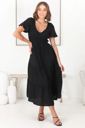 Amaya Midi Dress - Shirred Cap Sleeve A Line Dress in Black
