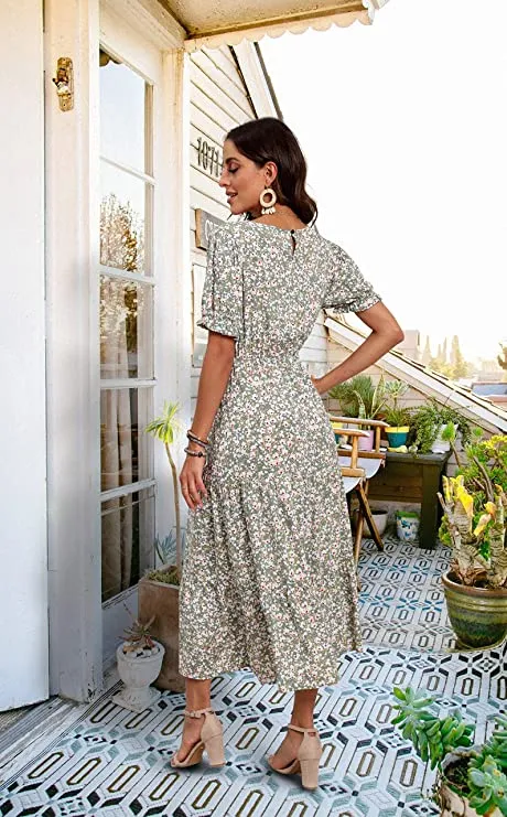 Apricot Summer Midi Dress Floral Print Boho Dress Ruffle Puff Sleeve High Waist A-Line Casual Boho Cocktail Holiday Beach Long Dress - GRECERELLE