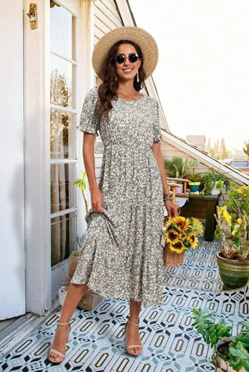 Apricot Summer Midi Dress Floral Print Boho Dress Ruffle Puff Sleeve High Waist A-Line Casual Boho Cocktail Holiday Beach Long Dress - GRECERELLE