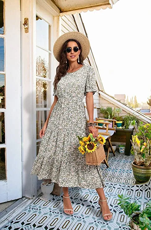 Apricot Summer Midi Dress Floral Print Boho Dress Ruffle Puff Sleeve High Waist A-Line Casual Boho Cocktail Holiday Beach Long Dress - GRECERELLE