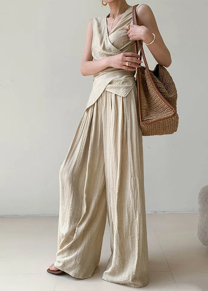Boutique Apricot V Neck Wrinkled Linen Vest And Wide Leg Pants Two Pieces Set Summer AN1025