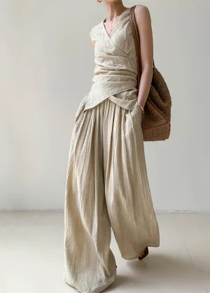Boutique Apricot V Neck Wrinkled Linen Vest And Wide Leg Pants Two Pieces Set Summer AN1025