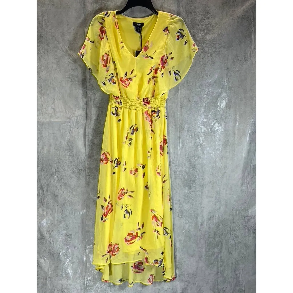DKNY Women's Yellow Floral Smocked Flutter Short-Sleeve Hi-Low Hem Midi Dress