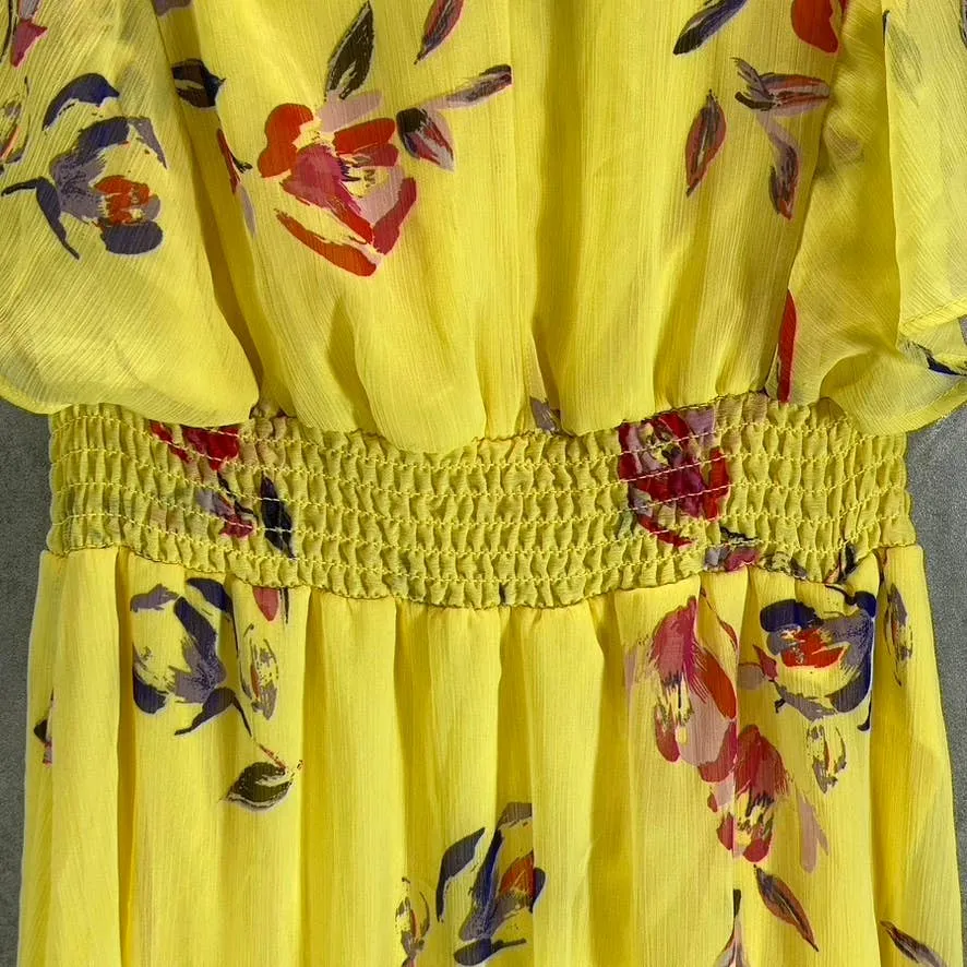 DKNY Women's Yellow Floral Smocked Flutter Short-Sleeve Hi-Low Hem Midi Dress