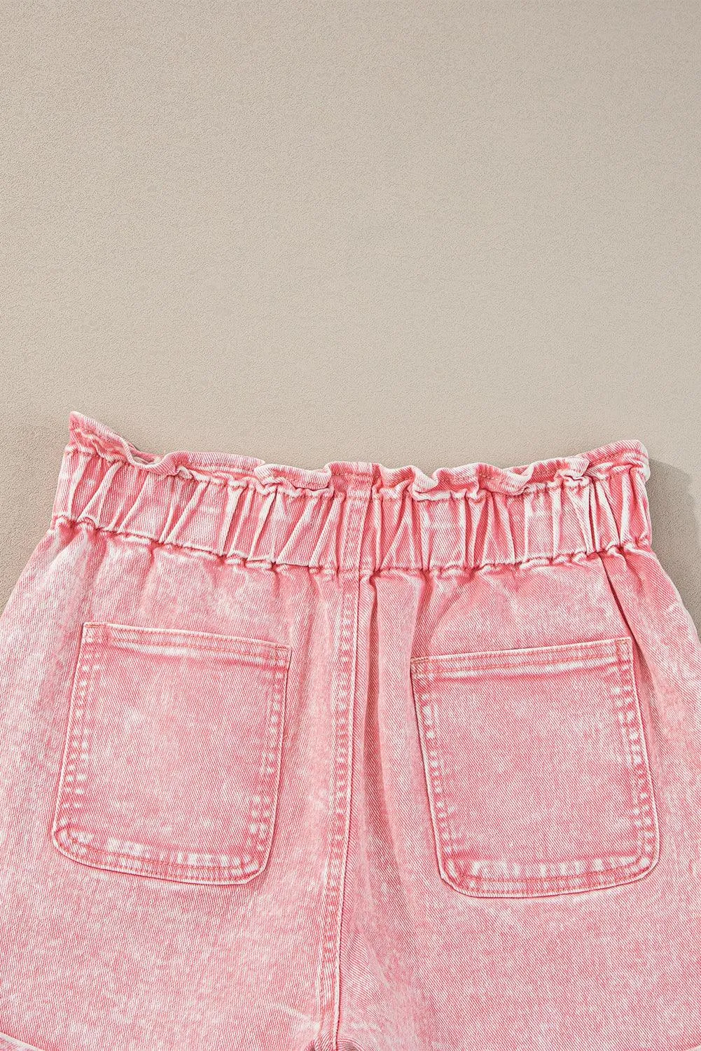 Dusty Pink Vintage Washed Frilled High Waist Denim Shorts