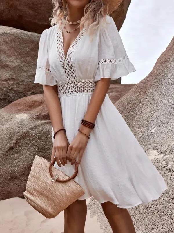 Enchanting Guipure Lace Flounce Sleeve Dress