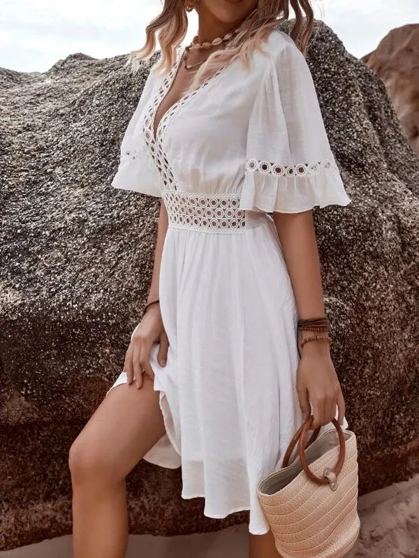 Enchanting Guipure Lace Flounce Sleeve Dress