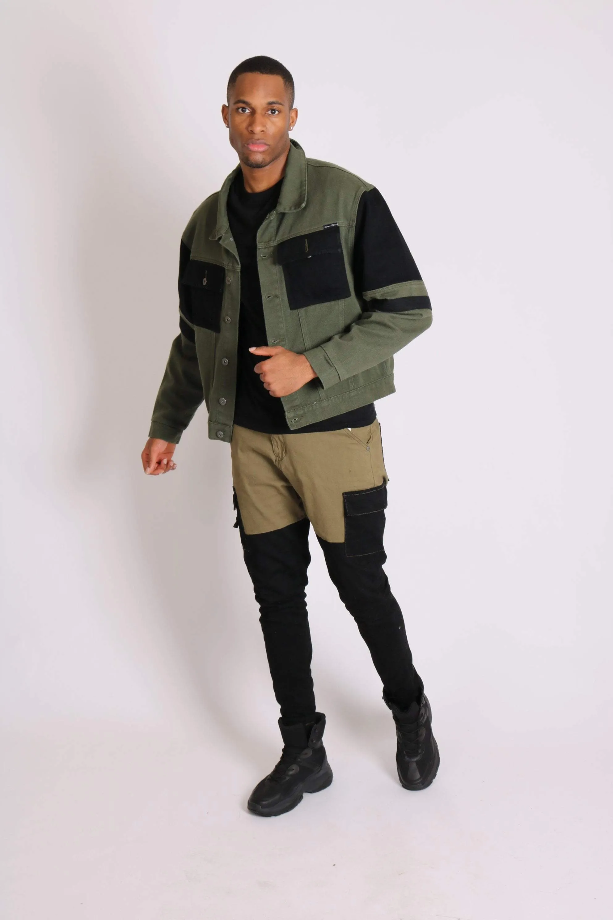 Faro Oversized Black & Khaki Contrast Utility Denim Jacket