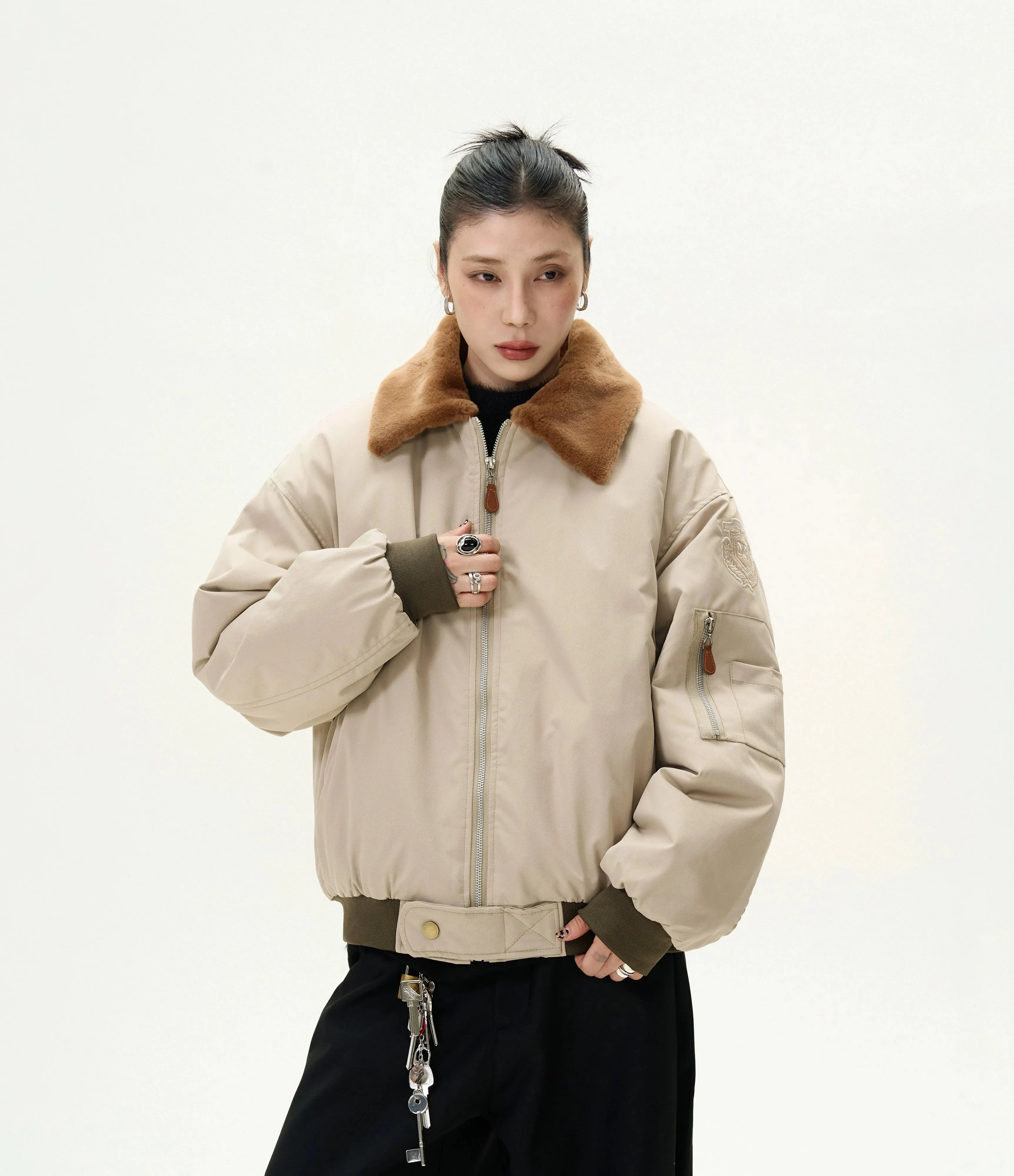 Faux Fur Collar Bomber Jacket with Utility Pocket