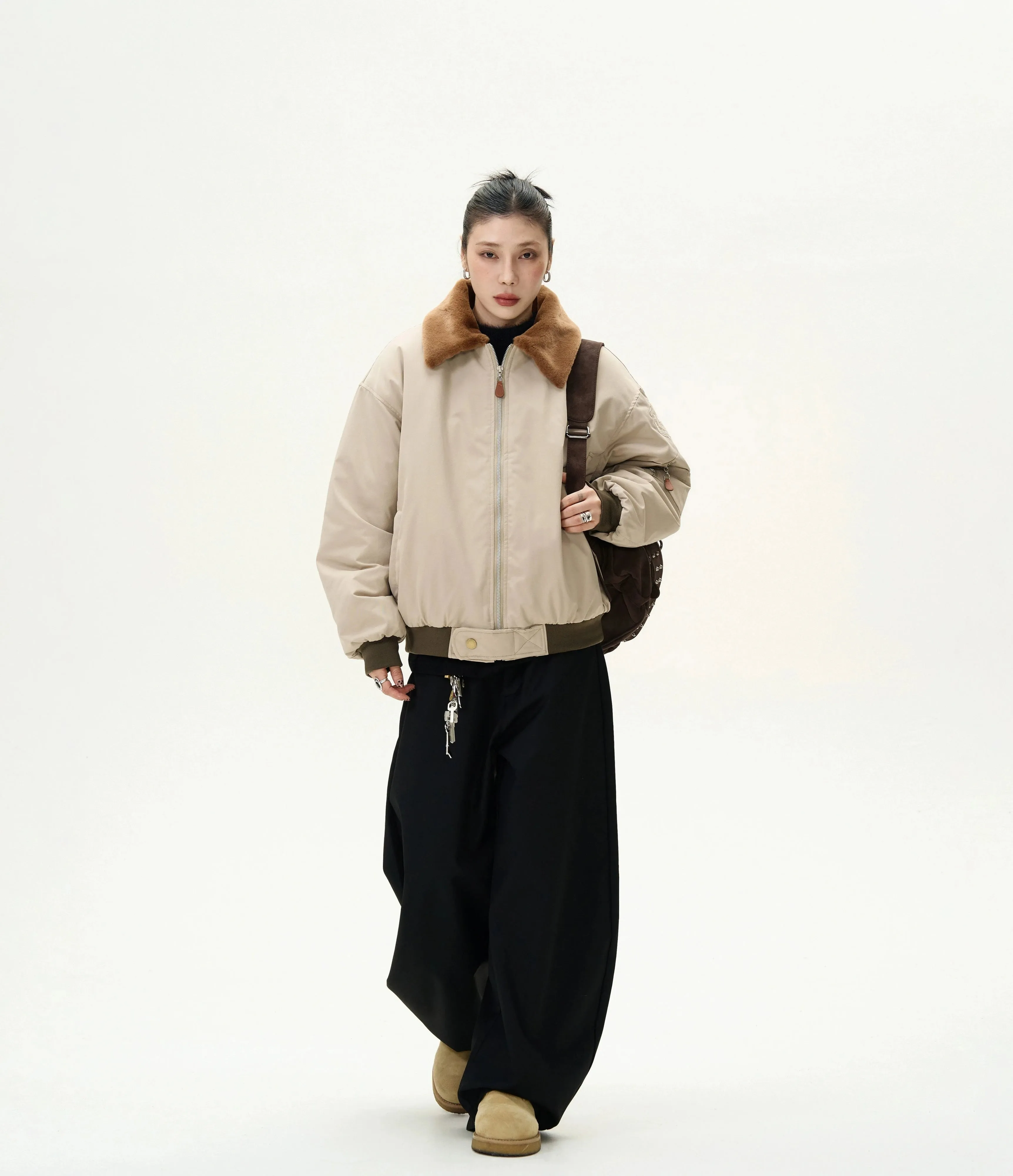 Faux Fur Collar Bomber Jacket with Utility Pocket