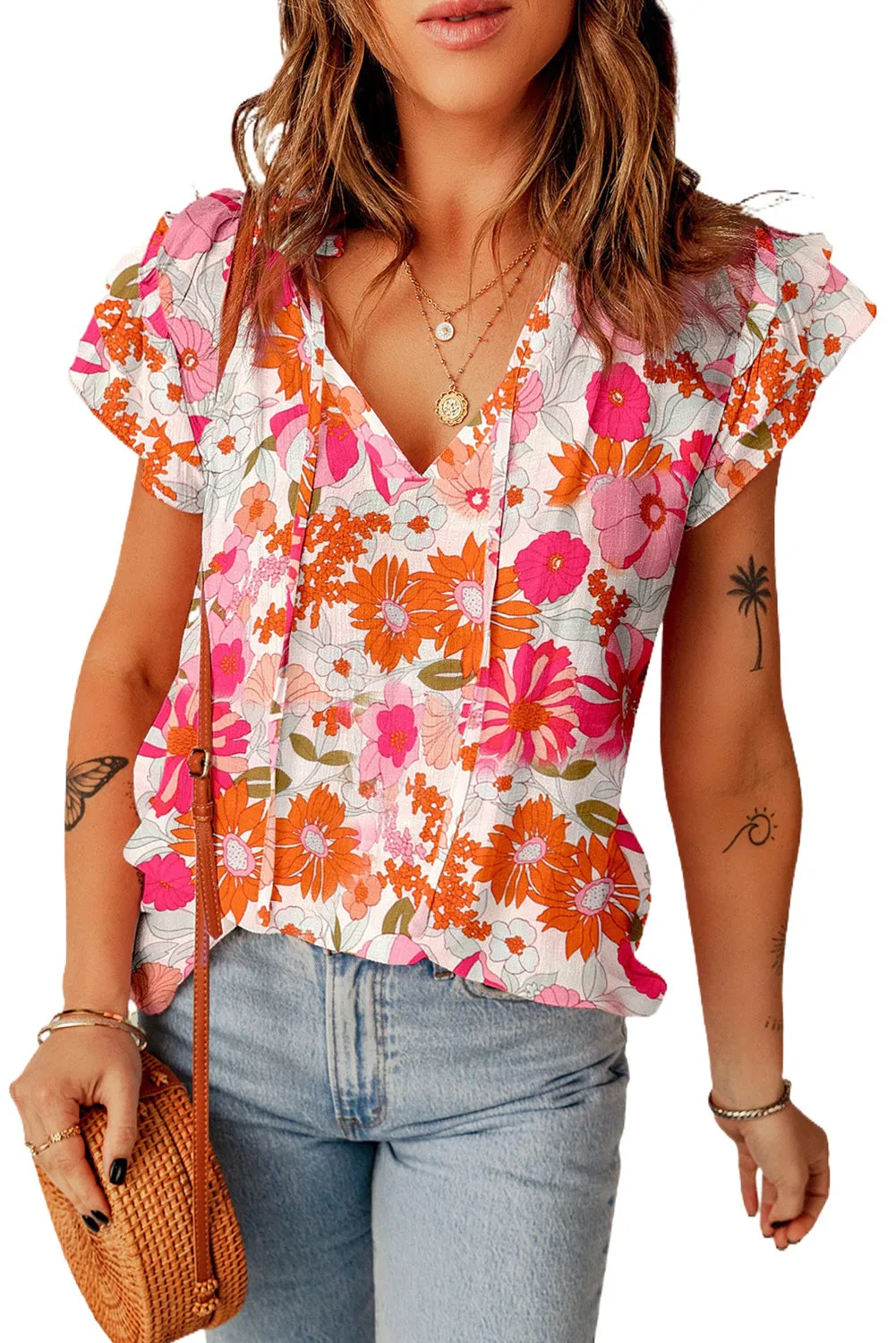 Floral V-Neck Ruffle Sleeve Blouse