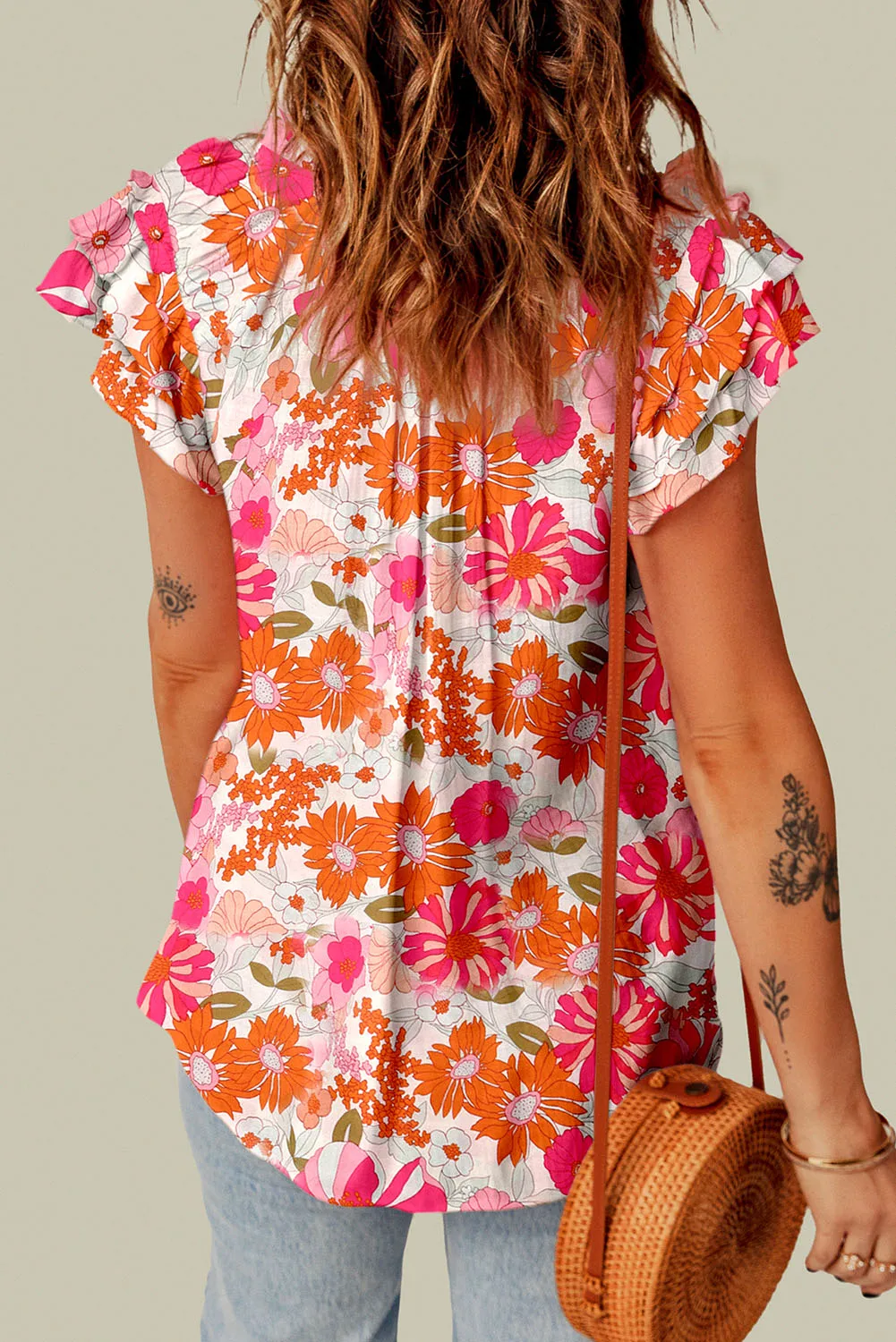 Floral V-Neck Ruffle Sleeve Blouse