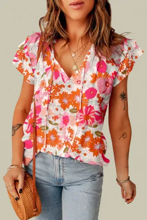 Floral V-Neck Ruffle Sleeve Blouse