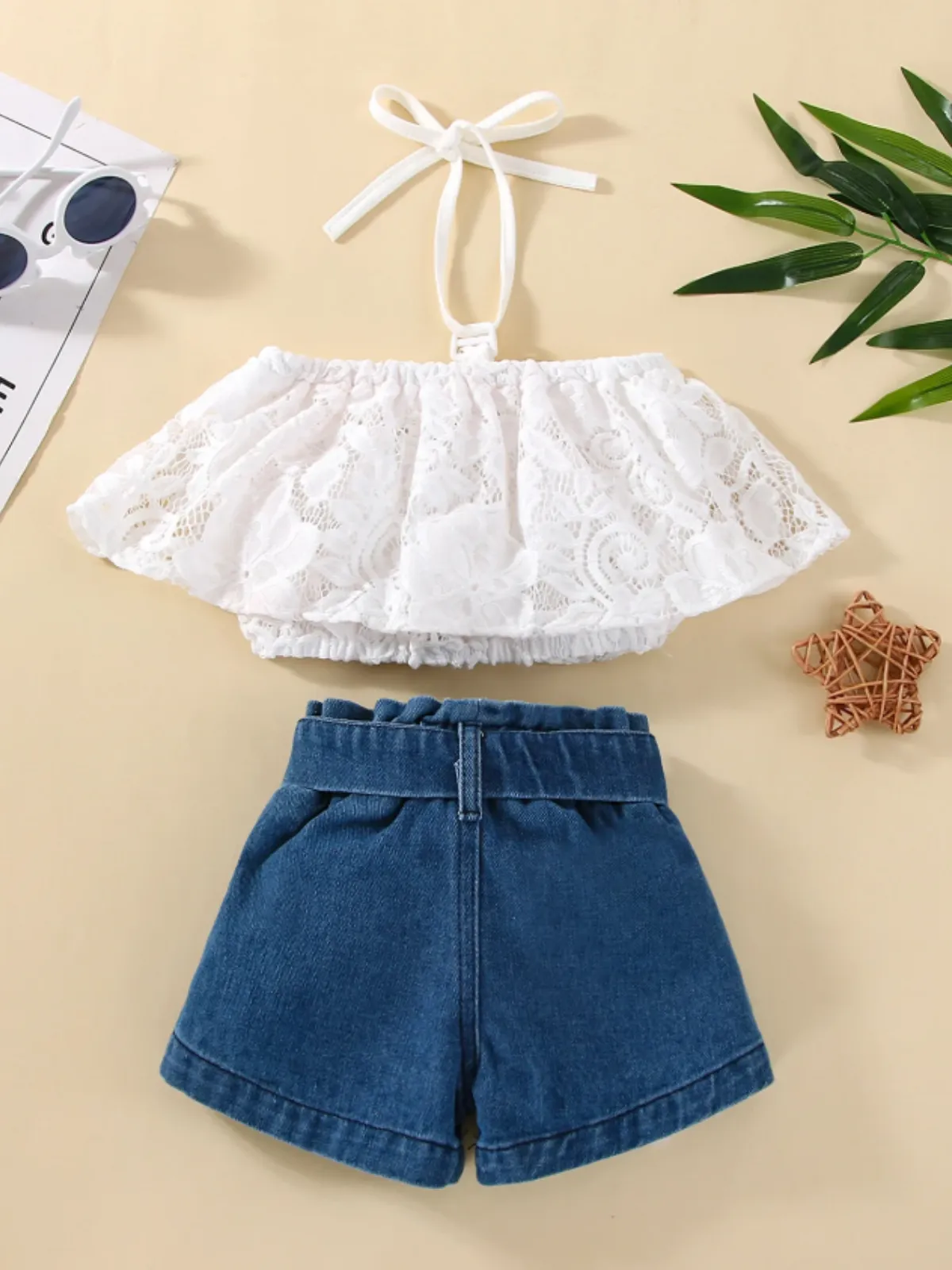 Fresh Flair Lace Top And Denim Paperbag Short Set