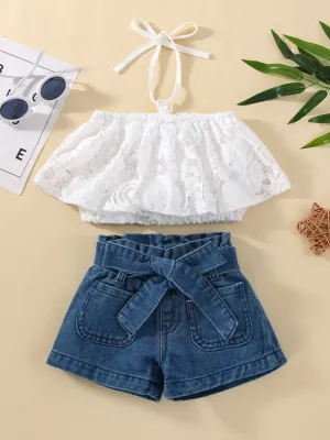 Fresh Flair Lace Top And Denim Paperbag Short Set