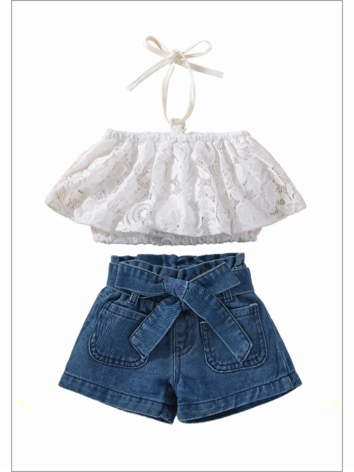 Fresh Flair Lace Top And Denim Paperbag Short Set