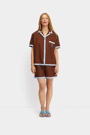 Garrick Embroidered Linen Short-sleeved Shirt in Brown