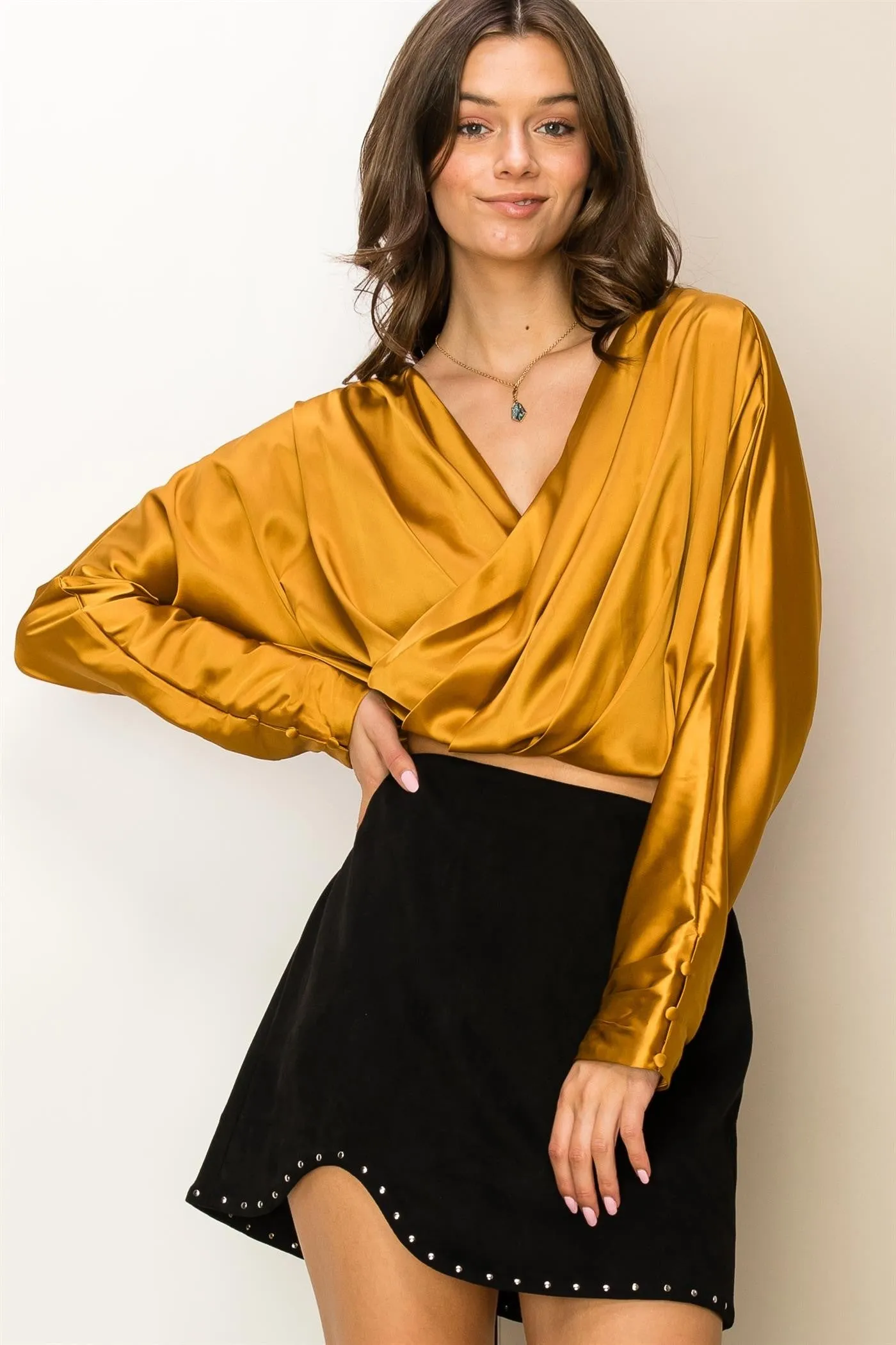 Gazelle Pleated Crossover Crop Top Blouse
