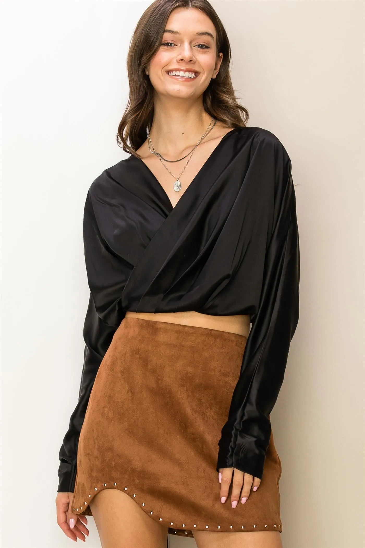 Gazelle Pleated Crossover Crop Top Blouse