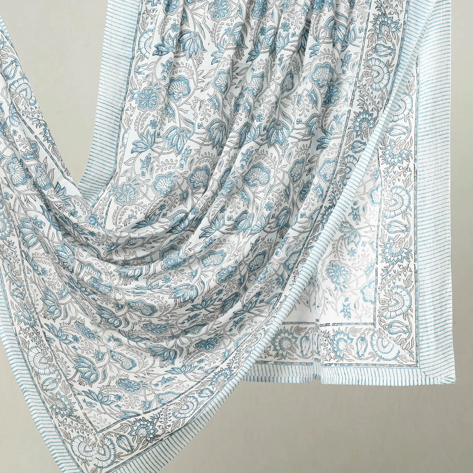 Grey - Sanganeri Block Printed Cotton Dupatta/Wrap Sarong Pareo/Beach Wear 09