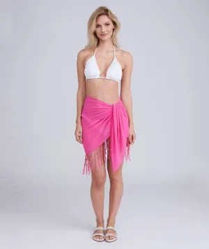 Hot Pink Beaded Sarong with Long Fringes and Shell Beading