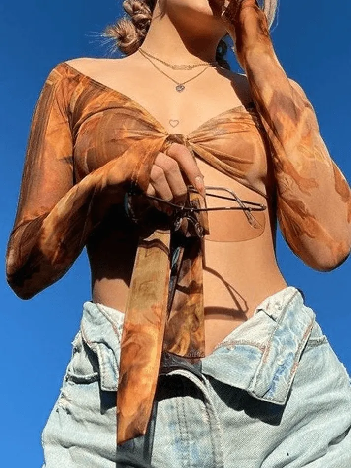 Lace Up Off Shoulder Mesh Blouse