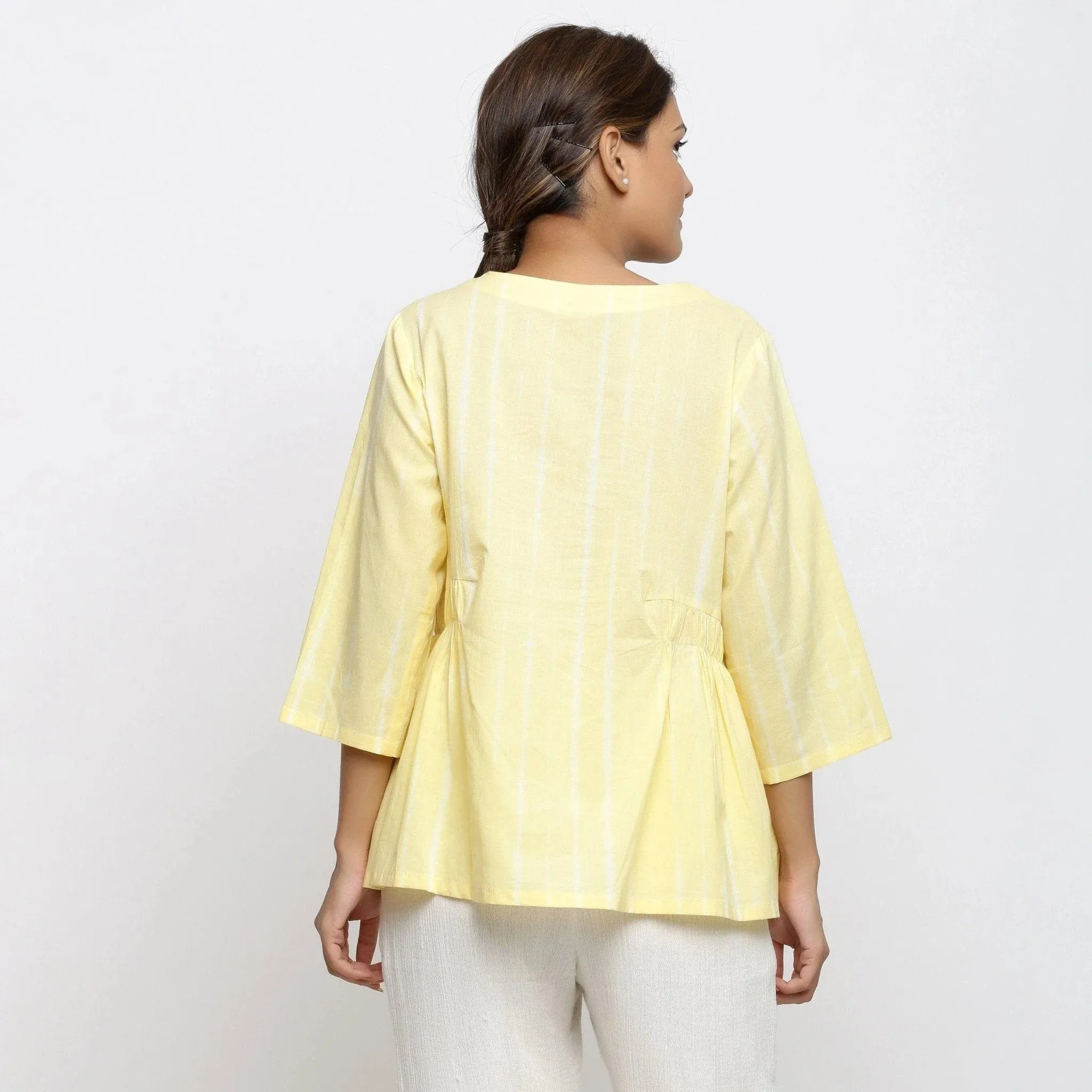 Light Yellow Hand Tie-Dye Cotton Button-Down Top