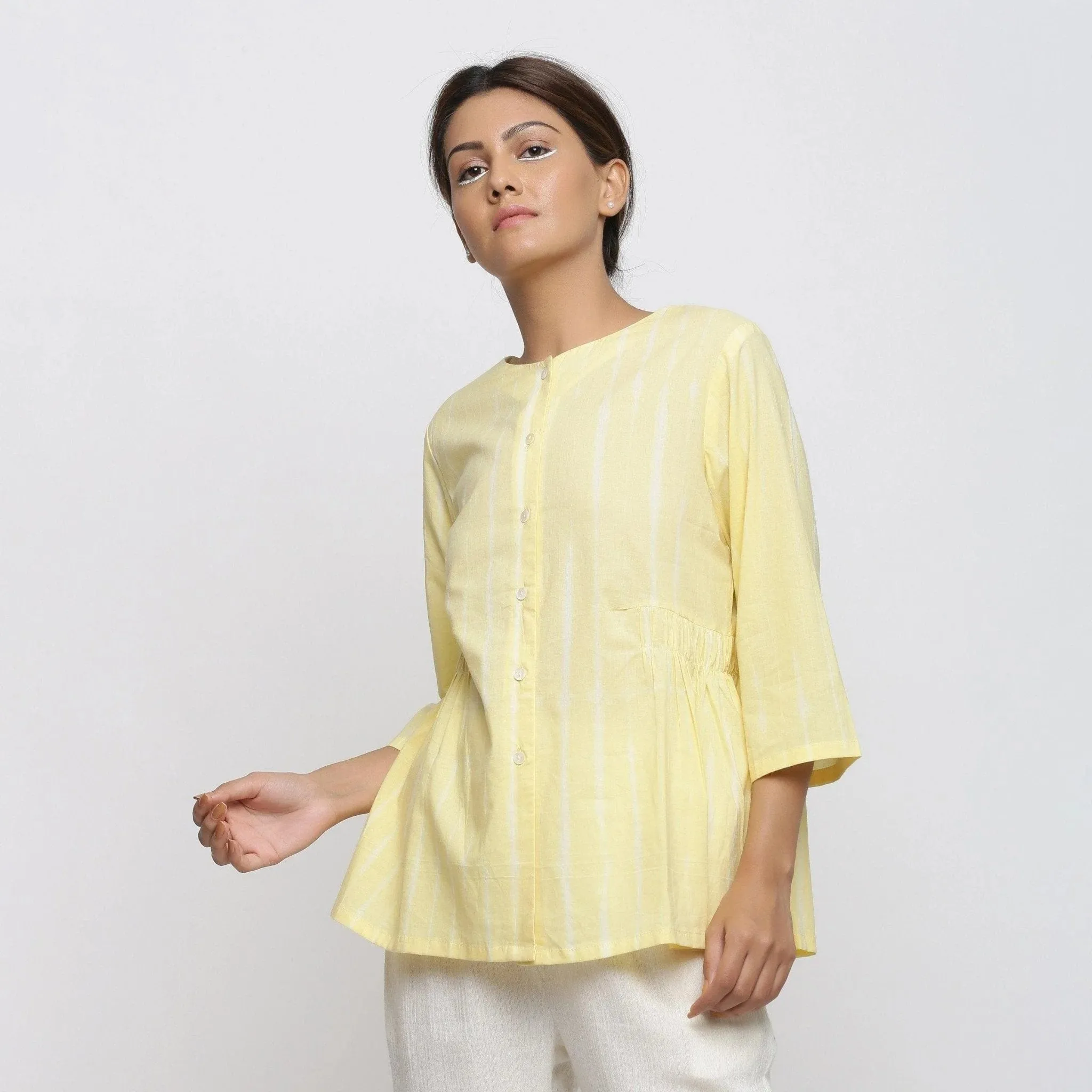 Light Yellow Hand Tie-Dye Cotton Button-Down Top