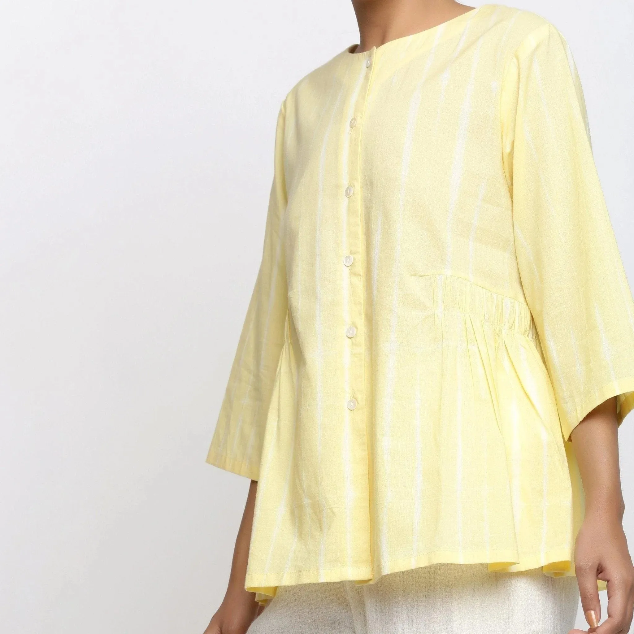 Light Yellow Hand Tie-Dye Cotton Button-Down Top