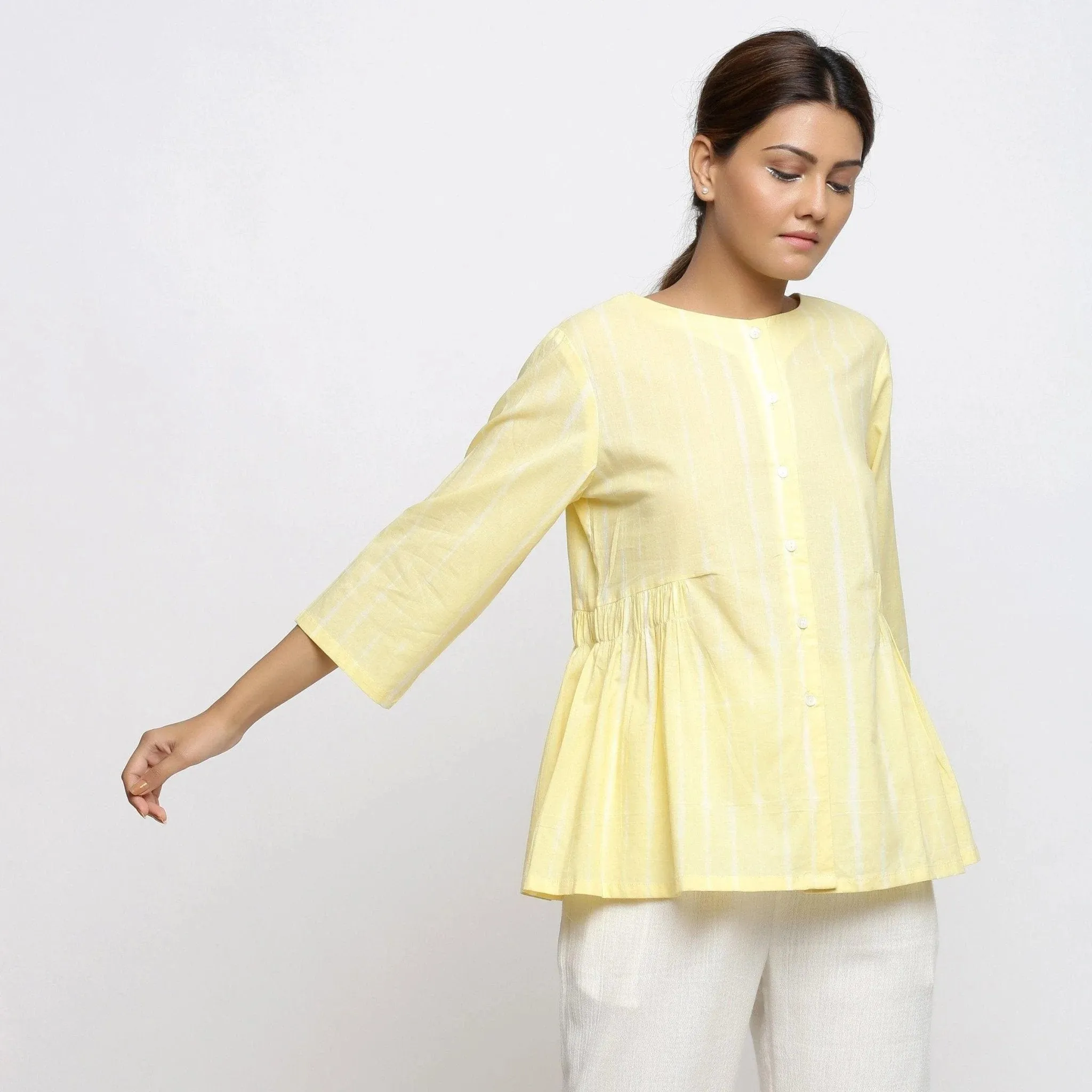 Light Yellow Hand Tie-Dye Cotton Button-Down Top