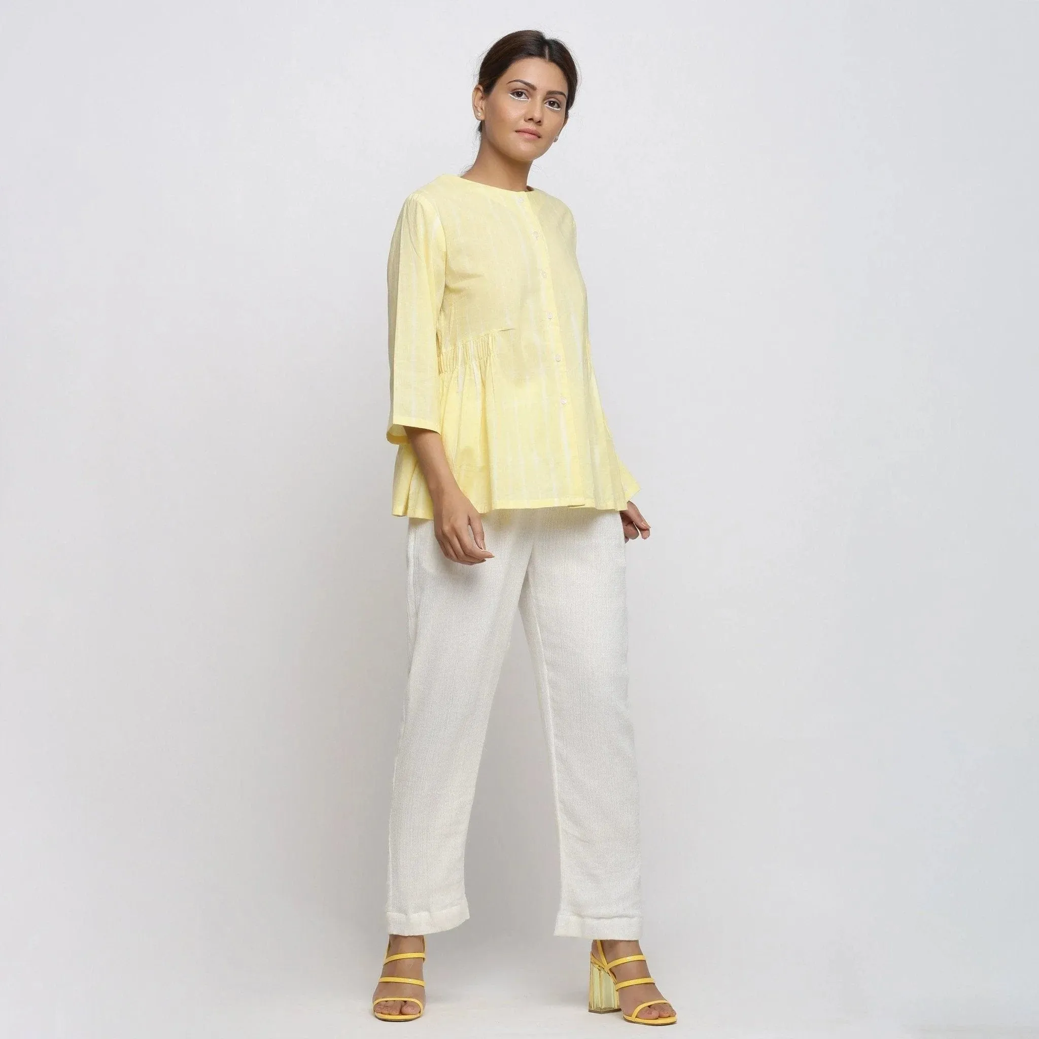 Light Yellow Hand Tie-Dye Cotton Button-Down Top