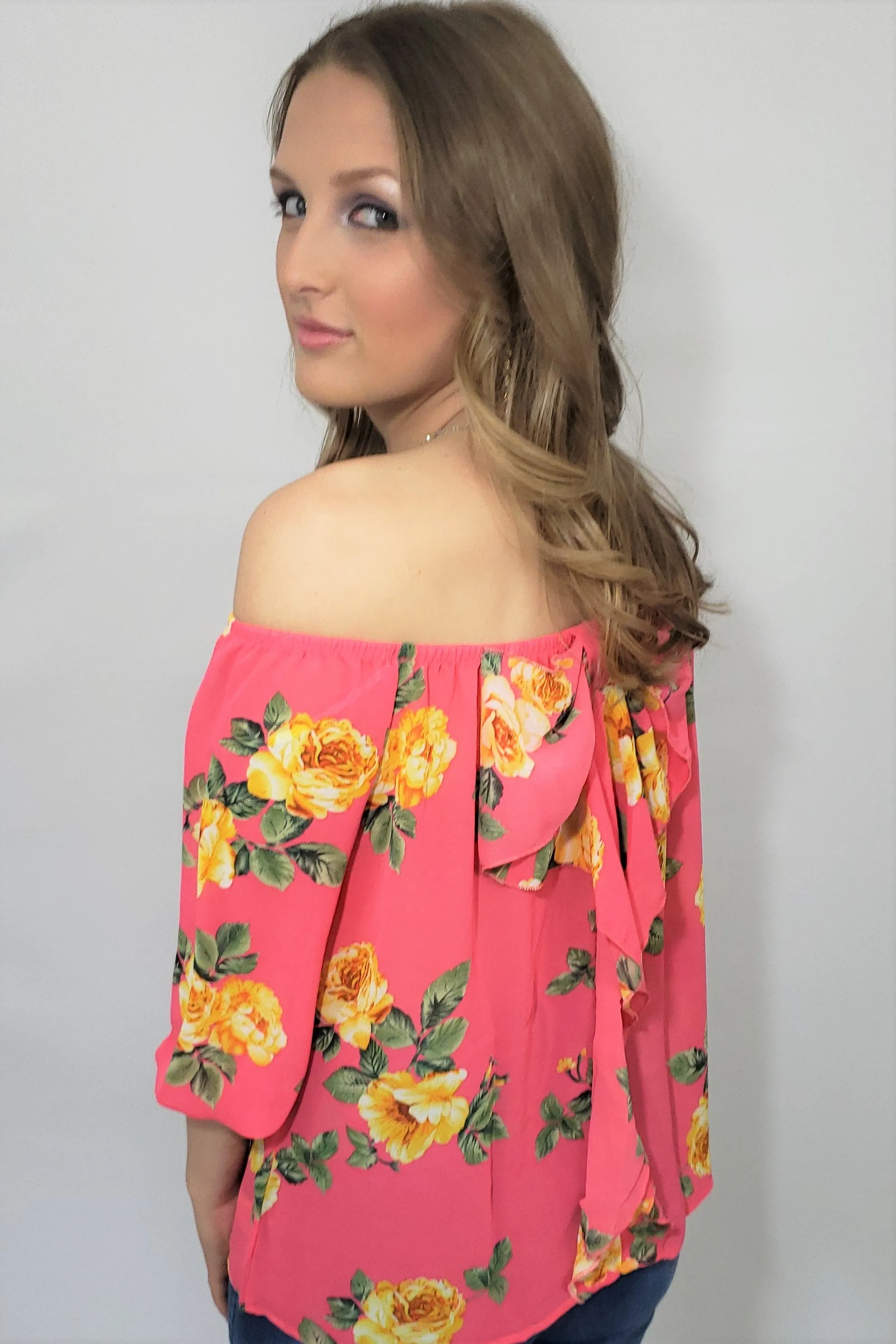 Lila Chiffon Floral Print Off the Shoulder Blouse in Coral and Yellow