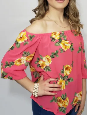 Lila Chiffon Floral Print Off the Shoulder Blouse in Coral and Yellow