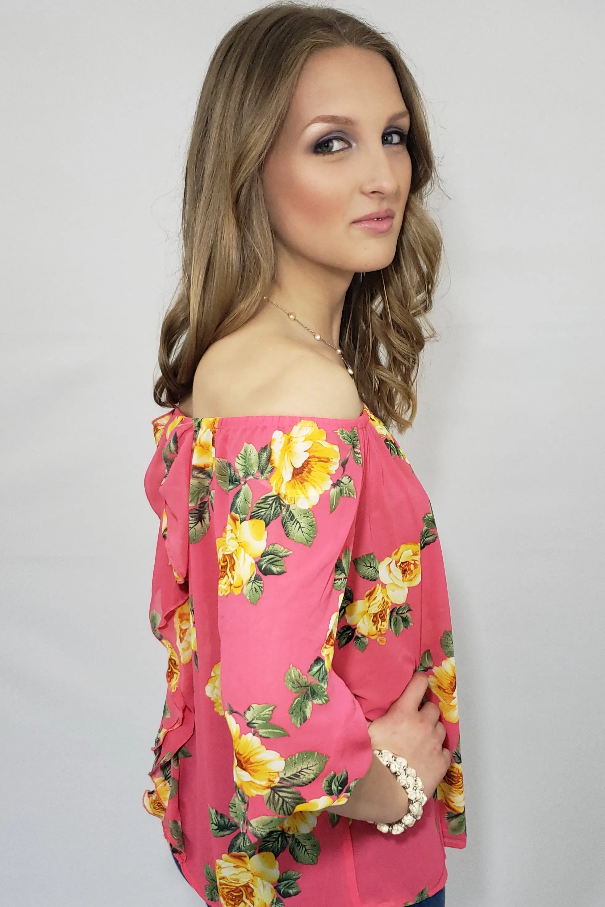 Lila Chiffon Floral Print Off the Shoulder Blouse in Coral and Yellow