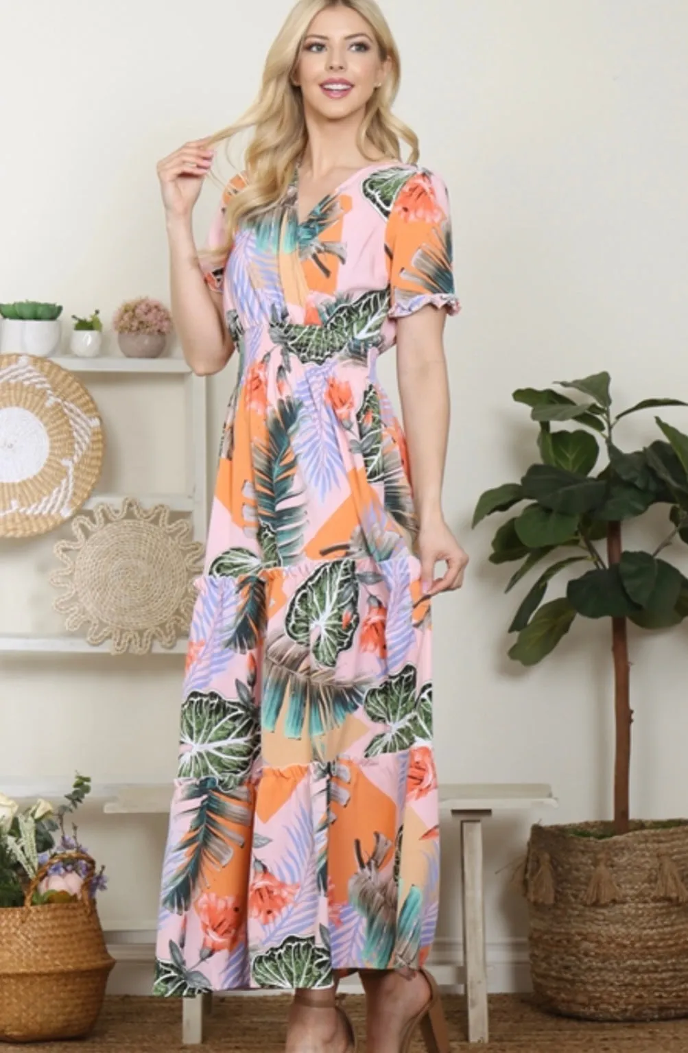 Multi Tropical Tiered Flowing Dress