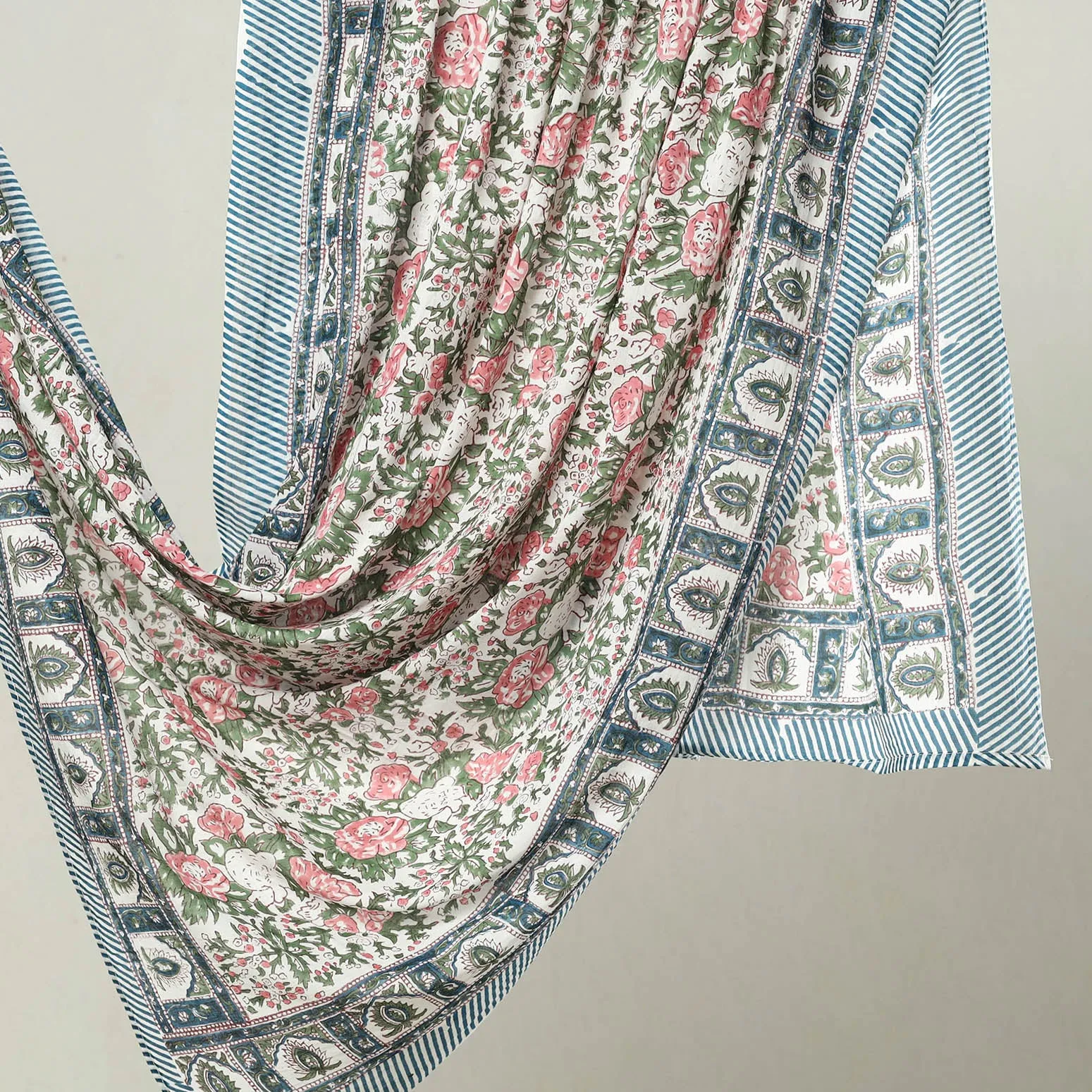 Multicolor - Sanganeri Block Printed Cotton Dupatta/Wrap Sarong Pareo/Beach Wear 03
