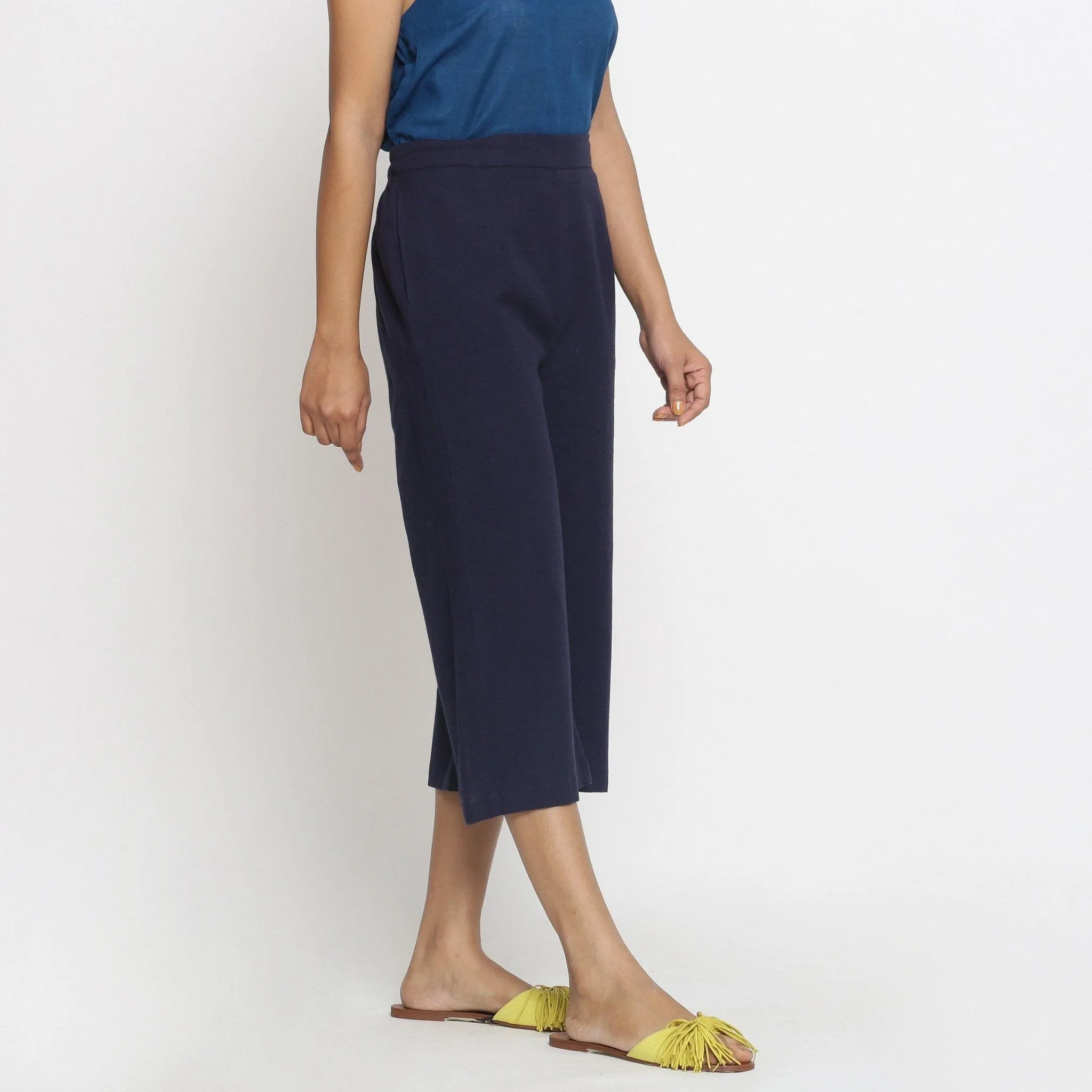 Navy Blue Cotton Flax Mid-Rise Elasticated Culottes