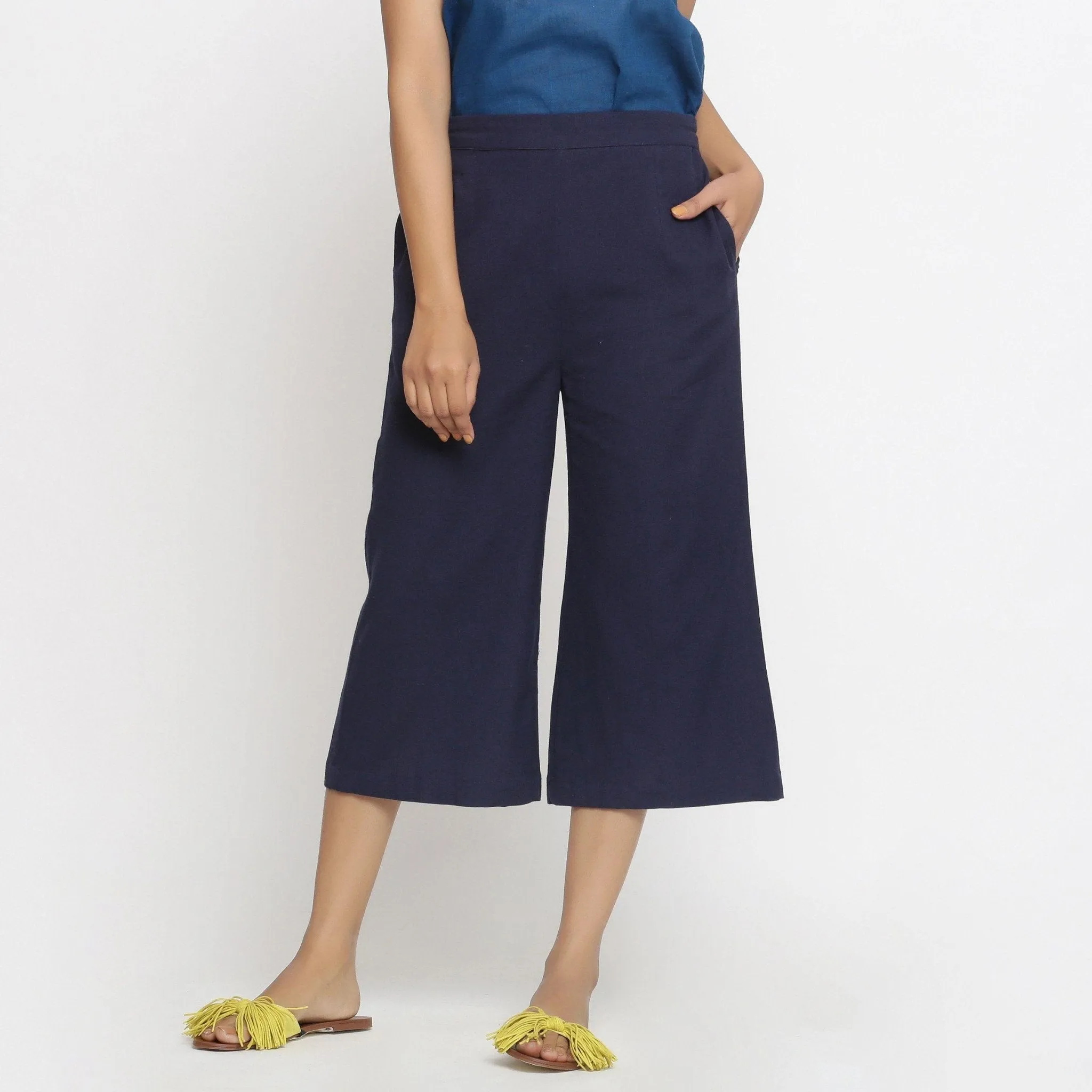 Navy Blue Cotton Flax Mid-Rise Elasticated Culottes