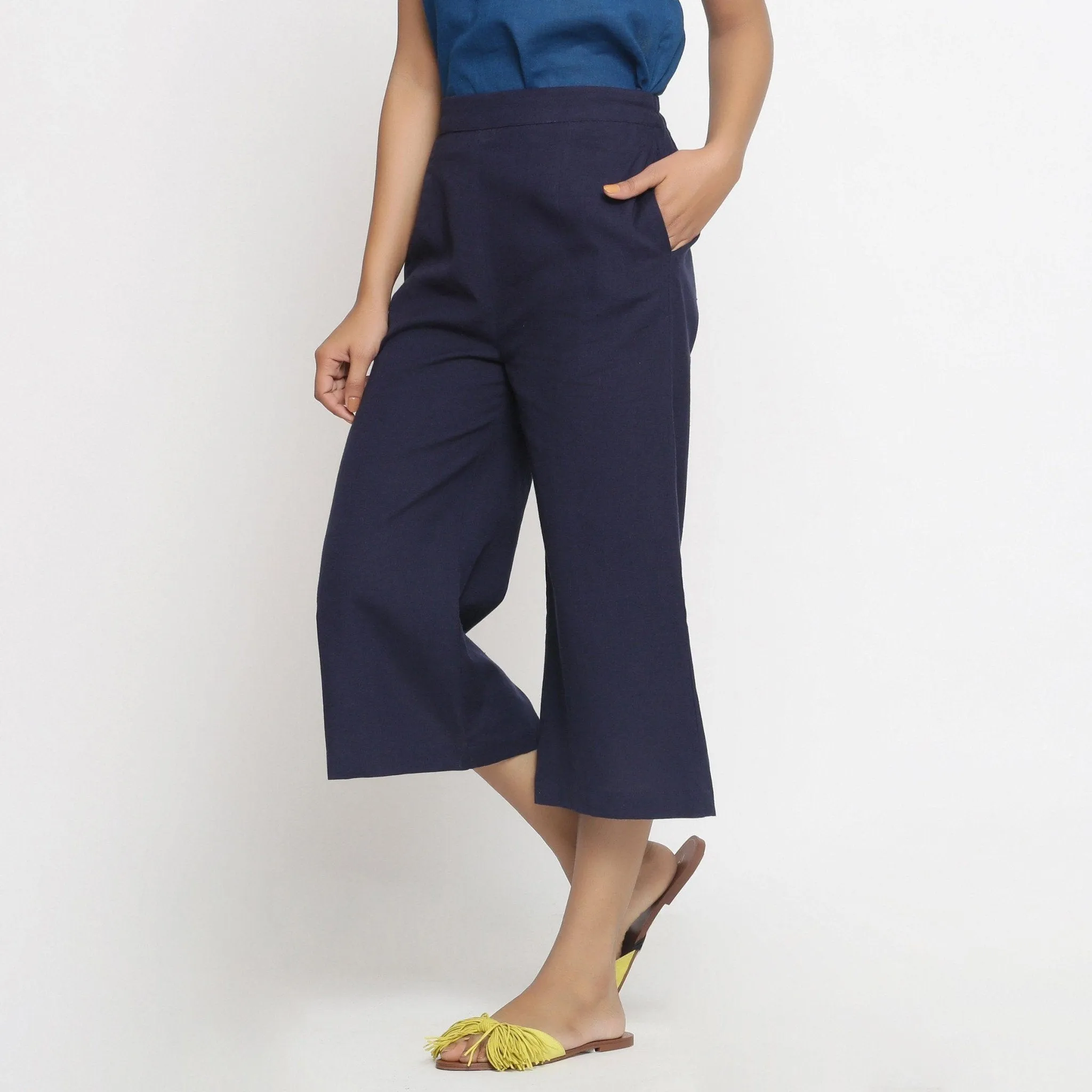 Navy Blue Cotton Flax Mid-Rise Elasticated Culottes