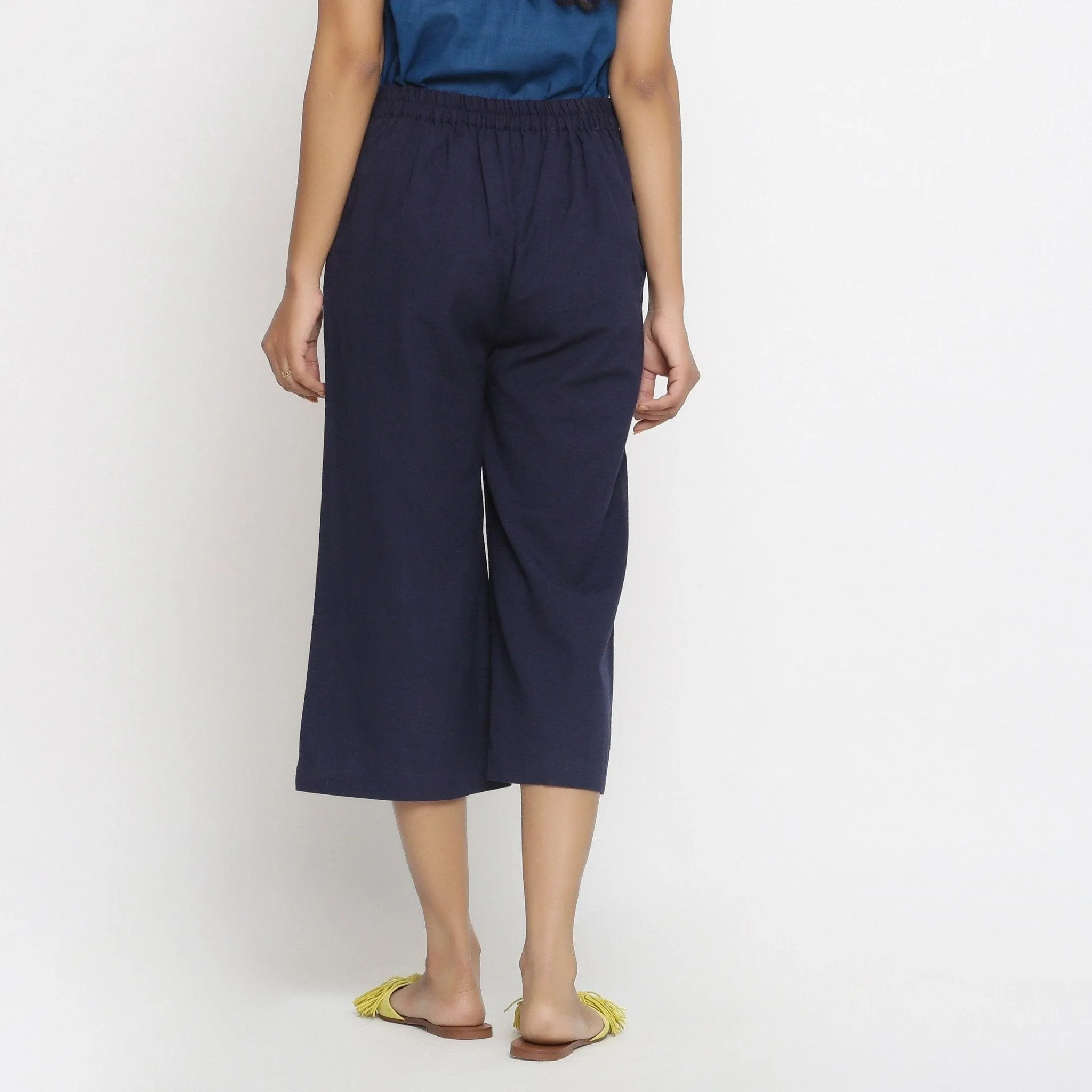 Navy Blue Cotton Flax Mid-Rise Elasticated Culottes