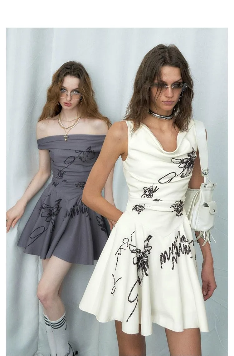 Of Akiva Floral Sketch Fit And Flare Dress - Women'S Sleeveless Cowl Neck Mini Dress With Embroidered Botanical Design