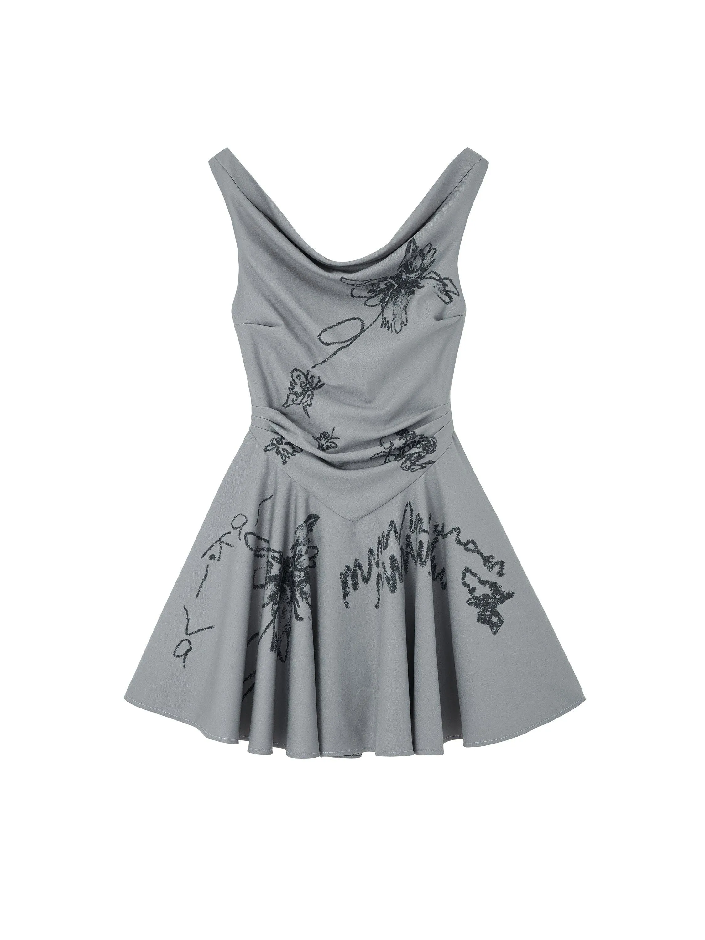 Of Akiva Floral Sketch Fit And Flare Dress - Women'S Sleeveless Cowl Neck Mini Dress With Embroidered Botanical Design