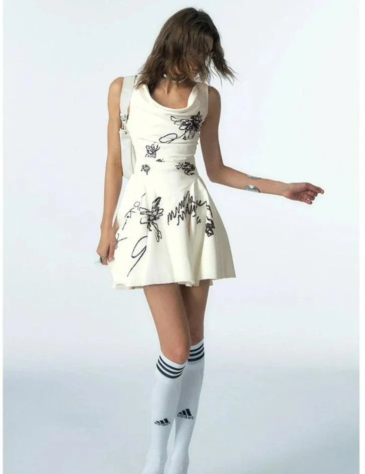 Of Akiva Floral Sketch Fit And Flare Dress - Women'S Sleeveless Cowl Neck Mini Dress With Embroidered Botanical Design