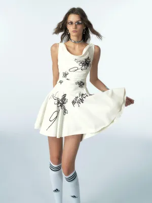 Of Akiva Floral Sketch Fit And Flare Dress - Women'S Sleeveless Cowl Neck Mini Dress With Embroidered Botanical Design