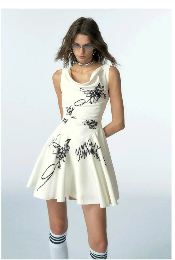 Of Akiva Floral Sketch Fit And Flare Dress - Women'S Sleeveless Cowl Neck Mini Dress With Embroidered Botanical Design