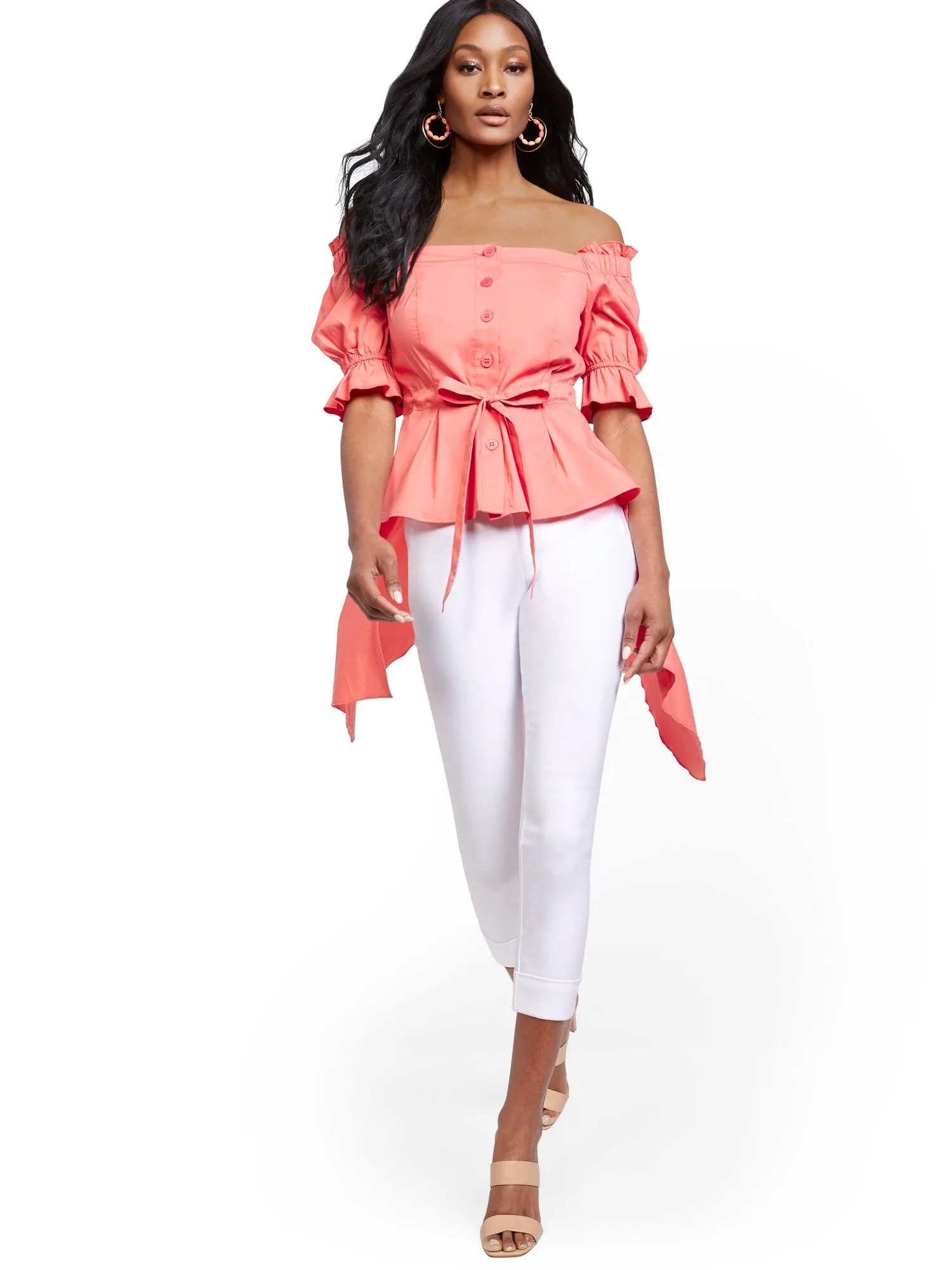 Off-The-Shoulder Hi-Lo Poplin Shirt