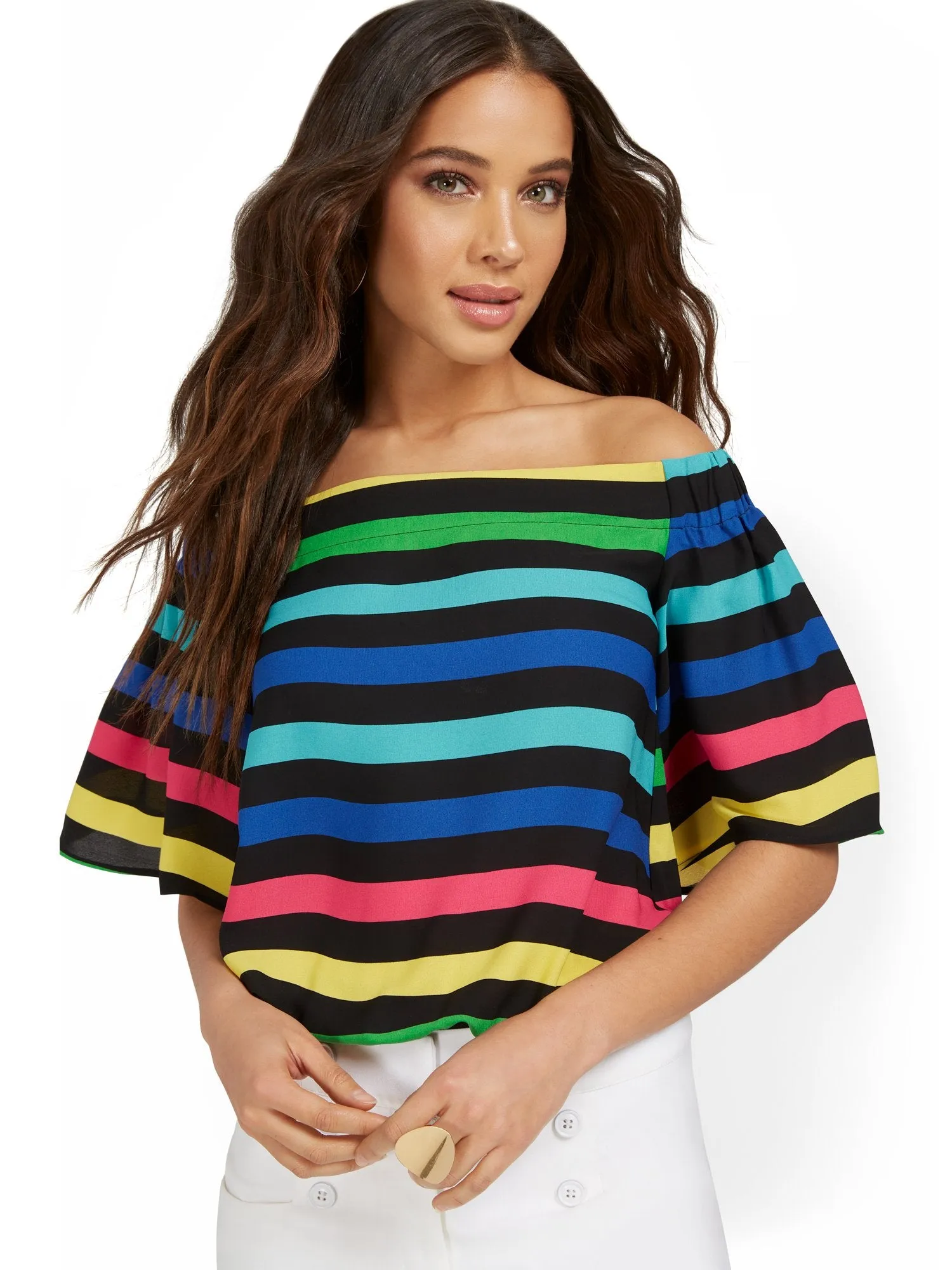 Off-The-Shoulder Stripe Flutter-Sleeve Top